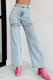 Blowing Your Mind Slit-Front Wide Leg Pocket Rhinestone Jeans