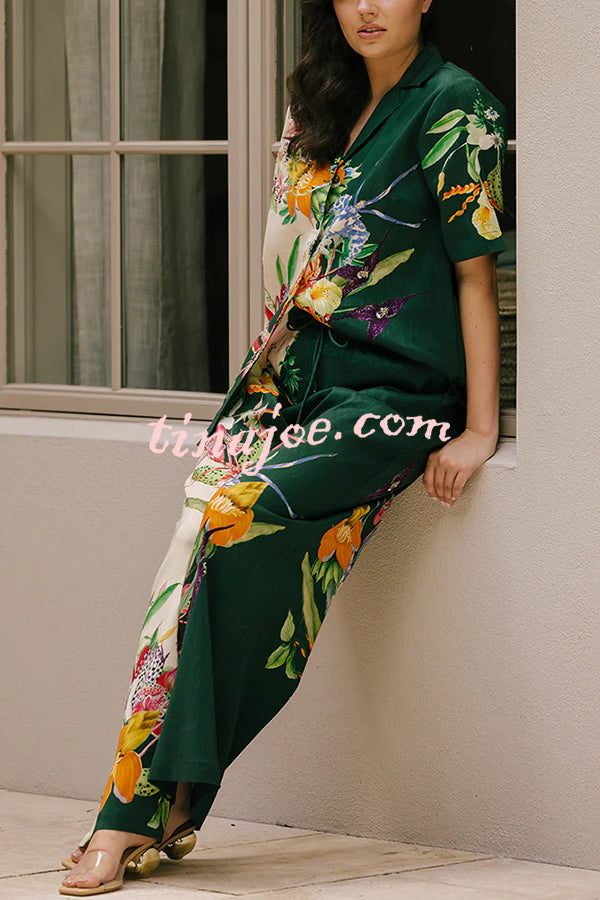 Island Linen Blend Unique Print Short Sleeve Loose Shirt and Elastic Waist Pocket Pants Set