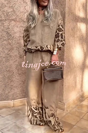 Leopard Print Crew Neck Loose Top and Elastic Waist Casual Wide-leg Pants Set
