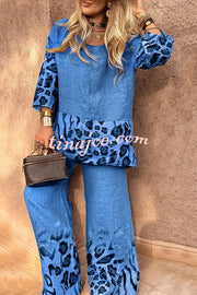 Leopard Print Crew Neck Loose Top and Elastic Waist Casual Wide-leg Pants Set