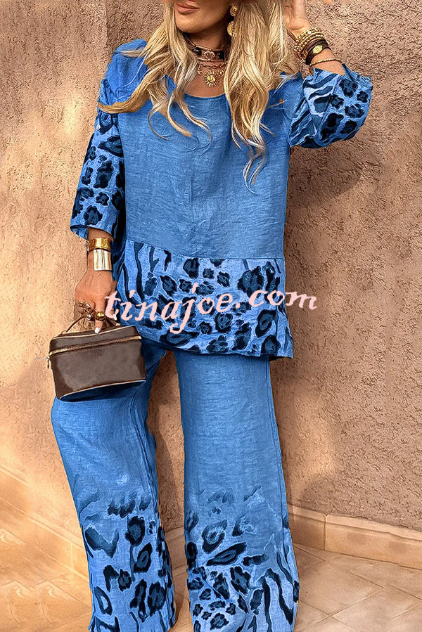 Leopard Print Crew Neck Loose Top and Elastic Waist Casual Wide-leg Pants Set
