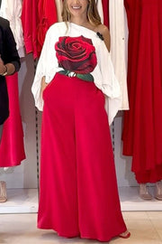 Elegant Rose Print Long Sleeve Belted Wide Leg Pants Suit