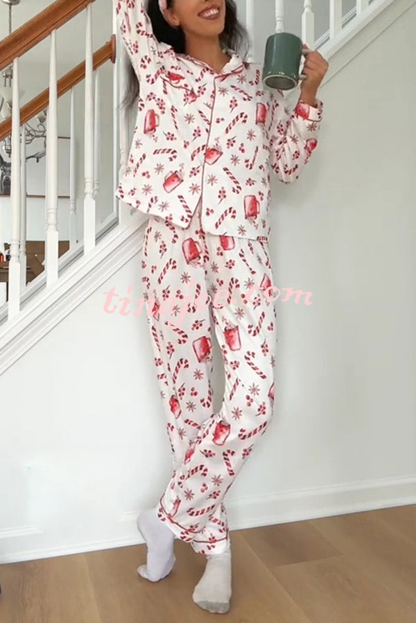 Christmas Candy and Drink Printed Long-sleeved Shirt and Elastic Waist Pocket Pants Set