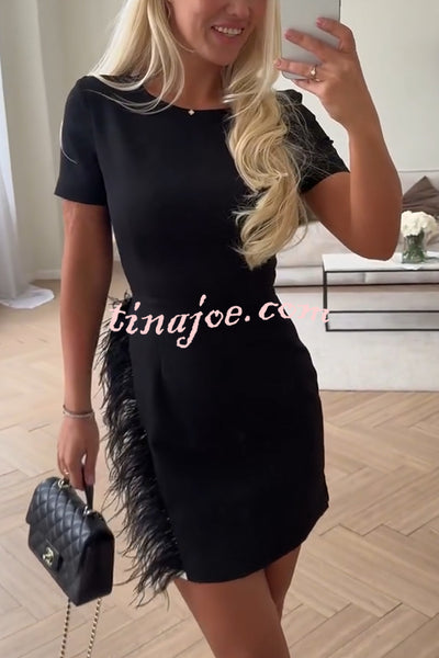 Marcelle Feather Trim Short Sleeve Color-block Him Mini Dress