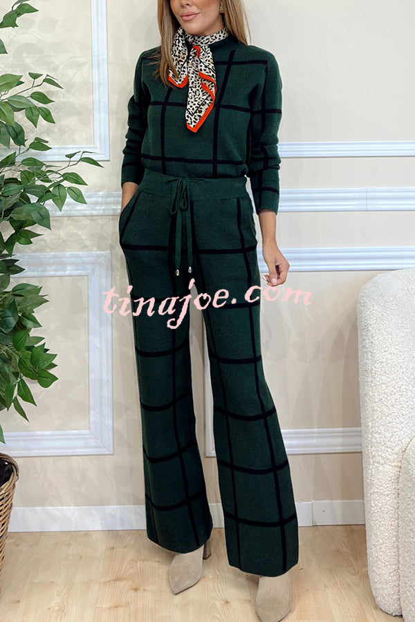 Fashionable Plaid Turtleneck Long Sleeve Top and Elastic Waist Tie Pocket Pants Set