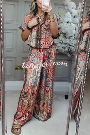 Unique Printed Loose Short-sleeved Top and Elastic Waist Casual Wide-leg Pants Set