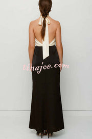 Like A Gem Satin Colorblock Halter Backless Party Maxi Dress