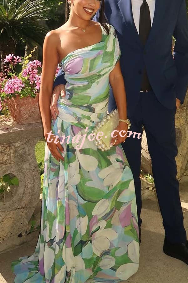 Sunshine and Wine Mesh Floral Print Off Shoulder Ruched Stretch Maxi Dress
