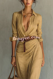 City Sleek Single Breasted Long Sleeve Warp Slit Shirt Maxi Dress