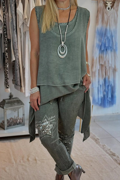 Fashion Letter Print Sequin Pocket Casual Pants