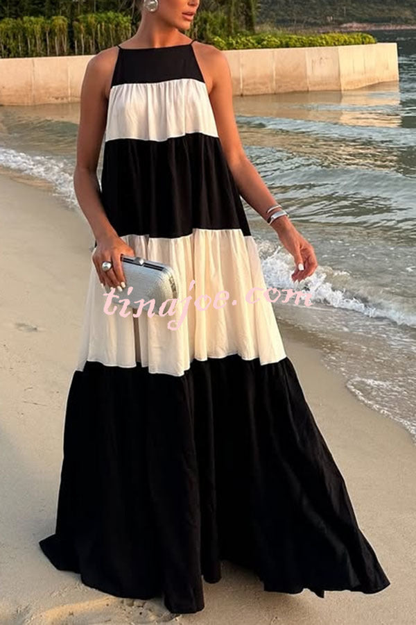 Meila Colorblock Tie-strap Gathered Tiers A-line Maxi Dress