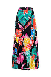 Tropical Flowers and Birds Print Loose Holiday Maxi Skirt