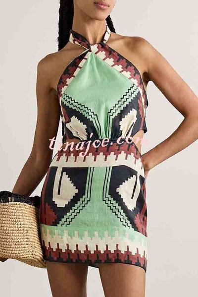 Unique Print Sexy Halter Backless Holiday Mini Dress