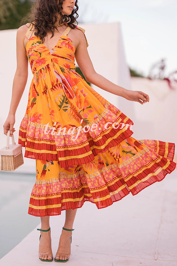 Tropical Sunset Unique Print Pleated Tie-up Straps Tiered Midi Dress