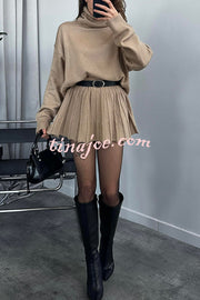 Solid Color Casual Preppy Knit Top and Knit Stretch Pleated Mini Skirt Set