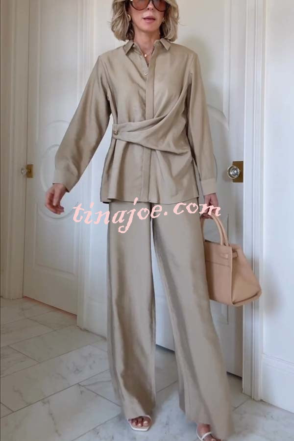 Juliette Cross-front Button Up Long Sleeve Shirt and Elastic Waist Pocket Loose Pants Set