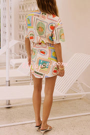 Summer Fruit Print Short Sleeve Off-Waist Tie Mini Dress
