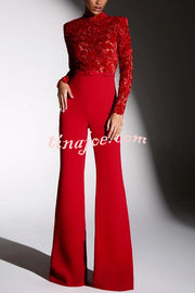 Eleanor Embroidered Floral Lace Long Sleeve Patchwork Belt Flare Jumpsuit