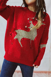 Christmas Pattern Knitted Crew Neck Long Sleeved Sweater