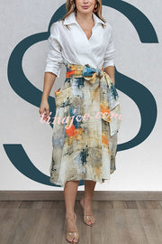 Jiles Linen Blend Unique Contrast Print Long Sleeve Tie-up Pocket Shirt Midi Dress