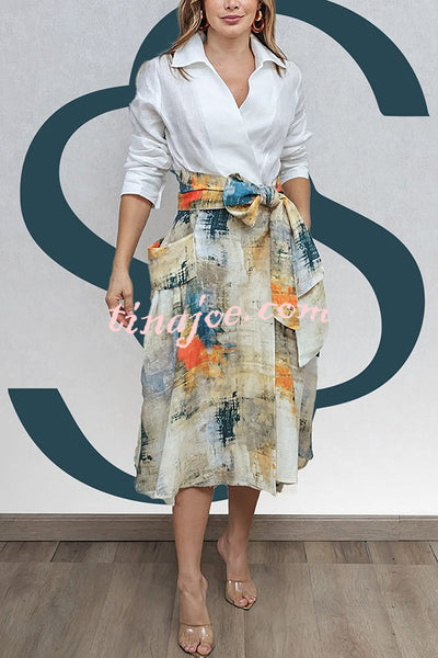 Jiles Linen Blend Unique Contrast Print Long Sleeve Tie-up Pocket Shirt Midi Dress
