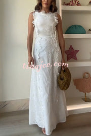 Mairi Embroidery Hollow Fabric Delicate Flower Trim Side Lace-up Maxi Dress