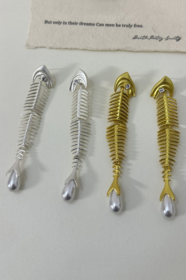 Personalized Fishbone Diamond Pearl Pendant Earrings