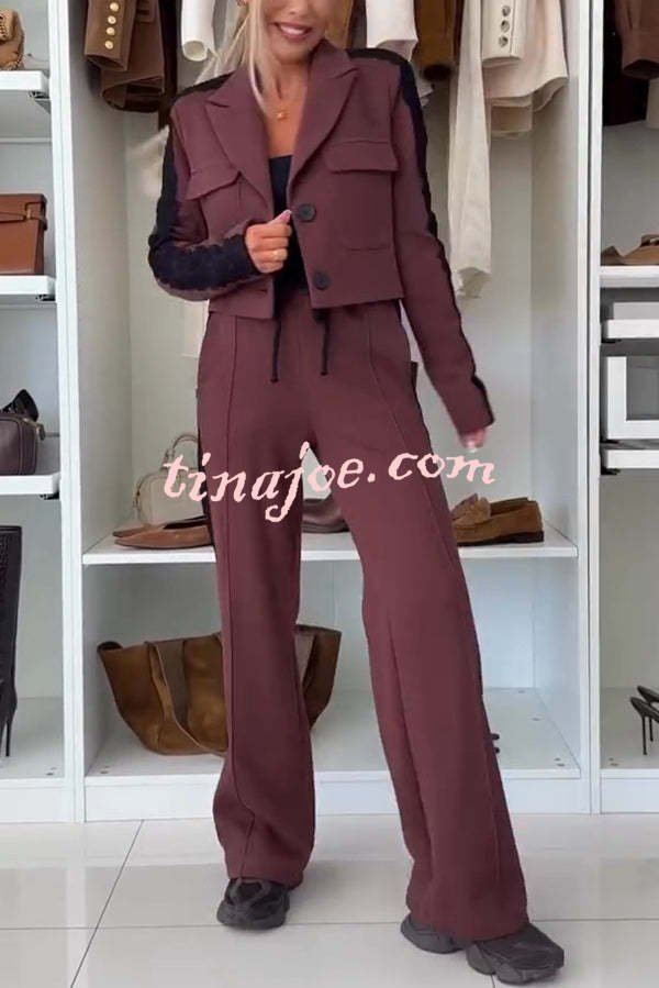 Fashion Lace Panel Long-sleeved Crop Top and Elastic Waist Tie Pocket Casual Pants Set