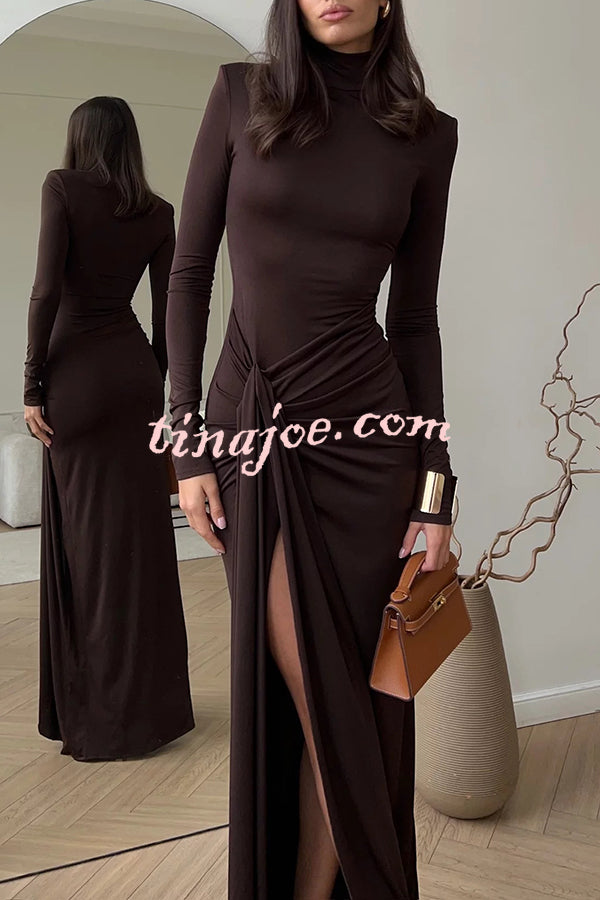 Luxe Silhouette High Neck Shoulder Pads Drape Stretch Maxi Dress