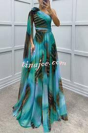 Lucia Unique Print Floral Detail One Shoulder Draped Sleeve Gown Maxi Dress