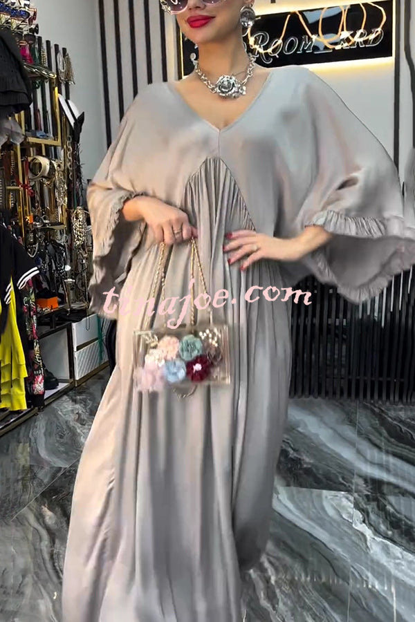 Satin Solid Color V-neck Lotus Leaf Sleeve Loose Pleated Maxi Dress