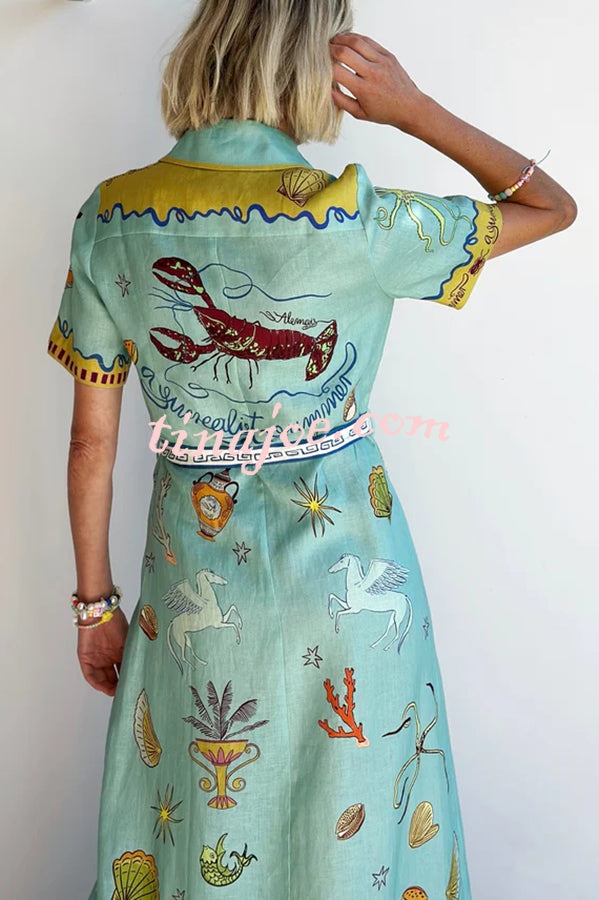 Deep Sea Dreaming Linen Blend Unique Print Short Sleeve Tie-up Shirt Maxi Dress