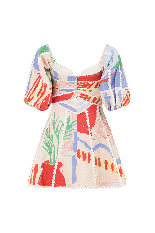 Como Linen Blend Ric Rac Trims Unique Print Puff Sleeve Mini Dress