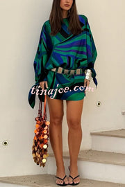 Micah Satin Unique Print Slit Tie-up Sleeve Shift Kaftan Mini Dress