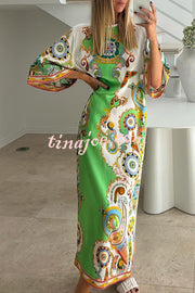 Southern Italy Satin Unique Print Bell Sleeve Loose Slit Midi Dress