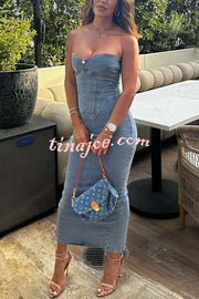 Cutie Denim Rosette Detail Corset Off Shoulder Stretch Maxi Dress
