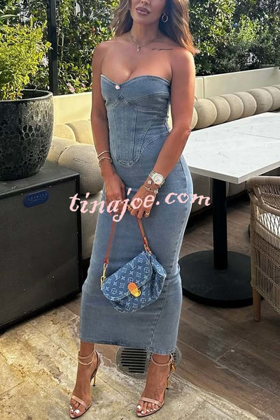 Cutie Denim Rosette Detail Corset Off Shoulder Stretch Maxi Dress