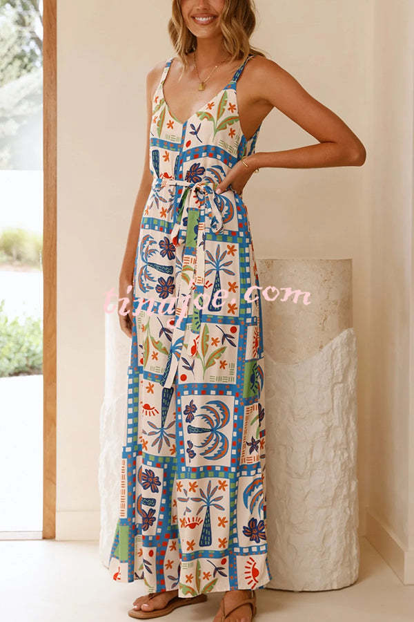 Unique Beach Vacation Print V-neck Suspenders Casual Wide-leg Jumpsuit