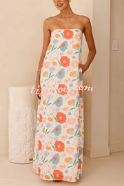 Unique Print Strapless Open Back Full Hem Maxi Dress