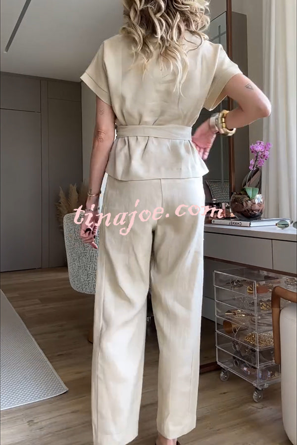 Emory Linen Blend Tie-up Short Sleeve Top and Elastic Waist Pocket Button Hem Pants Set