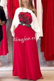 Elegant Rose Print Long Sleeve Belted Wide Leg Pants Suit