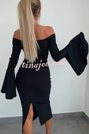 Solid Color Sexy Off-shoulder Trumpet Sleeve Slim Midi Dress