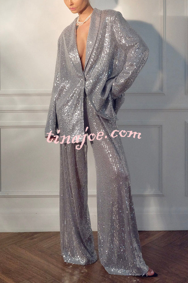 Solid Color Sequin Long Sleeve Party Blazer