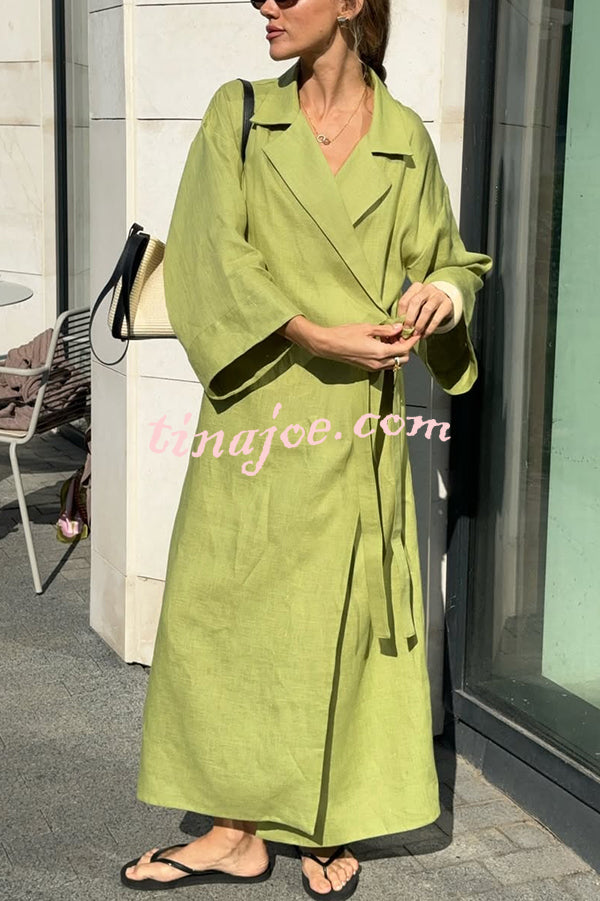 Linen Blend Solid Color Casual Lapel Tie Loose Maxi Dress