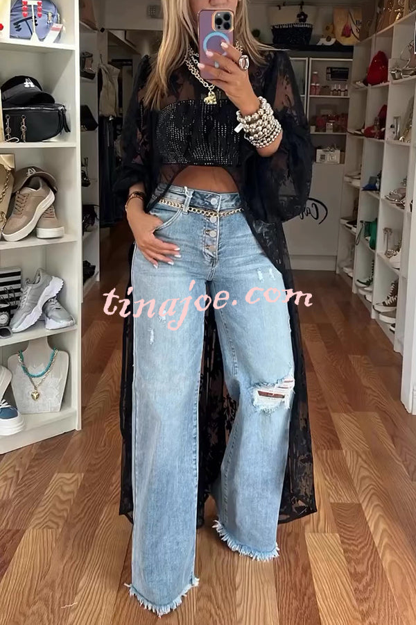 Fashion Denim Button Pocket Ripped Raw Edge Loose Jeans