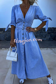 Solid Color V-neck Button-down Denim Midi Dress