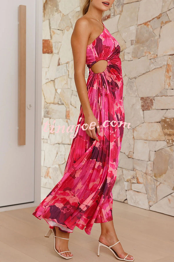 Charming One Shoulder Lace Up Cutout Pleated Maxi Dress