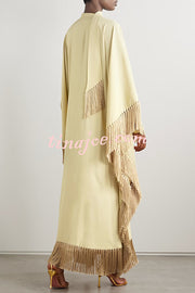 Excellent Drape Crepe Ribbon Neck Fringed Trim Kaftan Maxi Dress