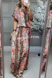 Unique Printed Loose Short-sleeved Top and Elastic Waist Casual Wide-leg Pants Set