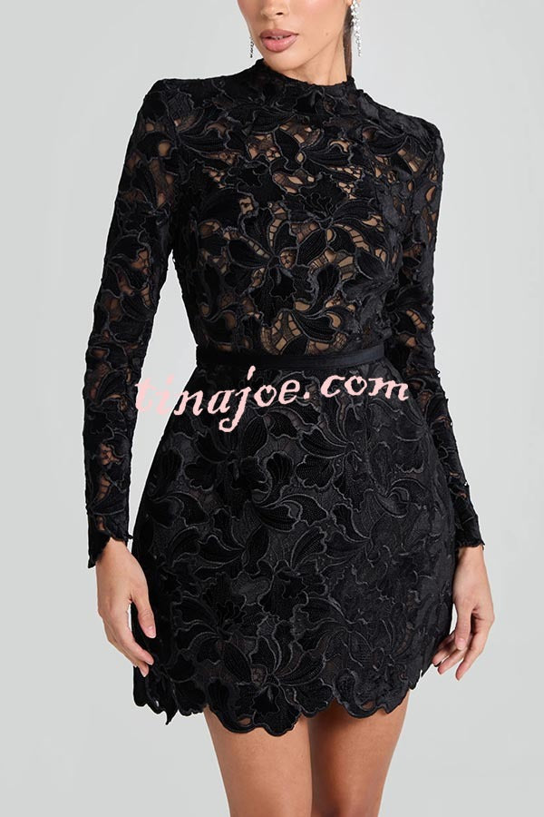 Lydia Embroidered Floral Lace Long Sleeve Belt Tulip Shaped Mini Dress